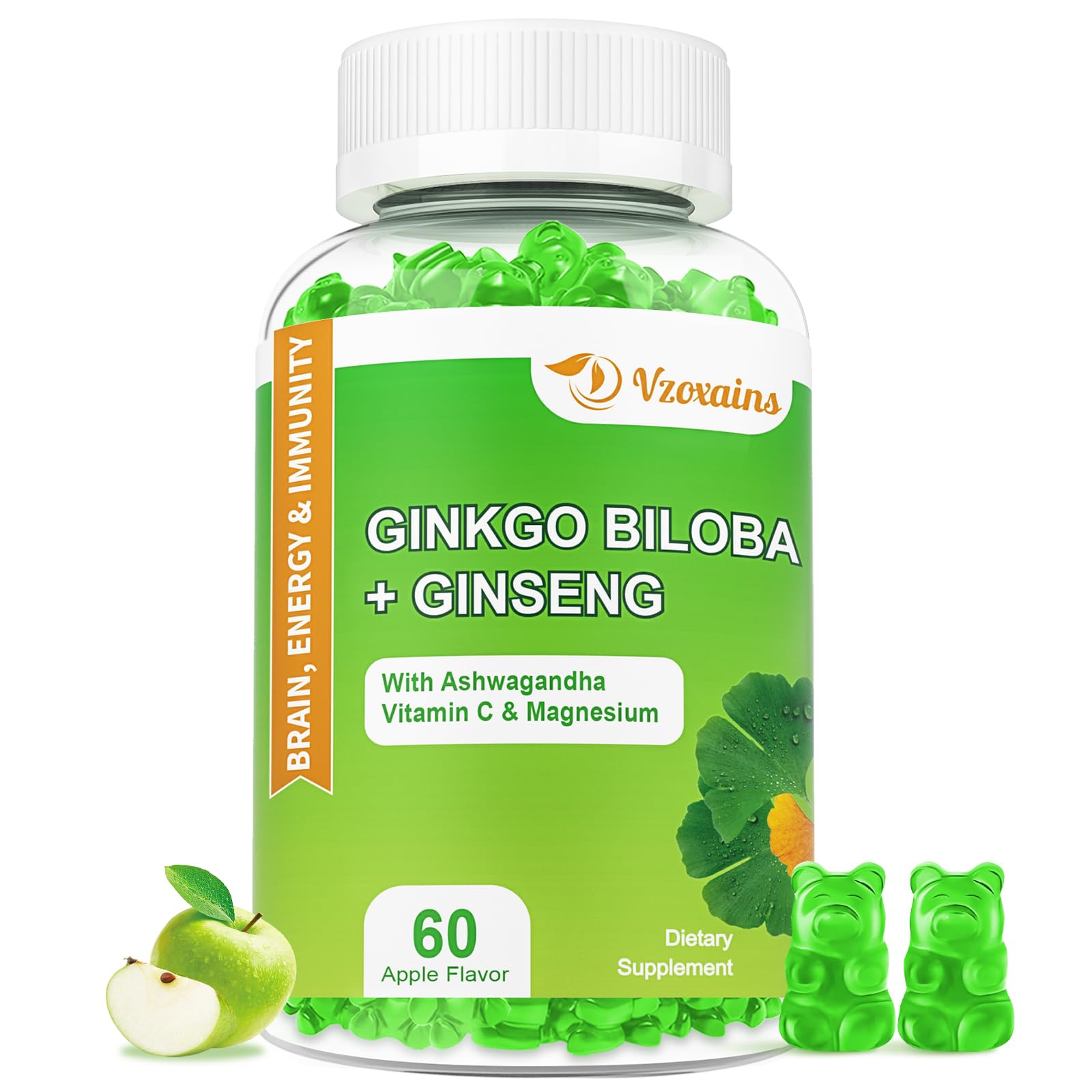 VZOXAINS envase frontal mostrando gomitas y sello vegano para confianza inmediata