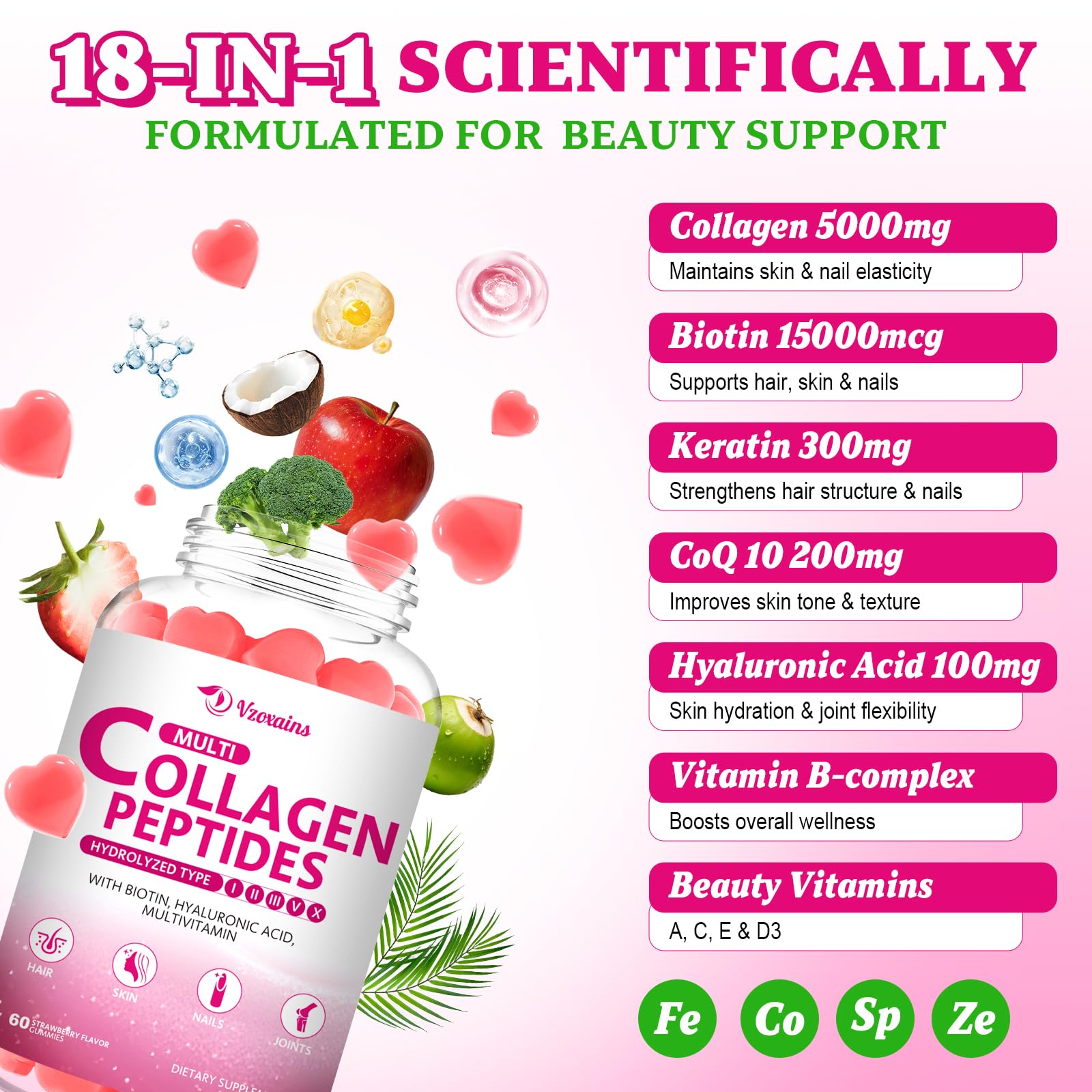VZOXAINS ingredientes clave en fresa destacando vitaminas y colágeno