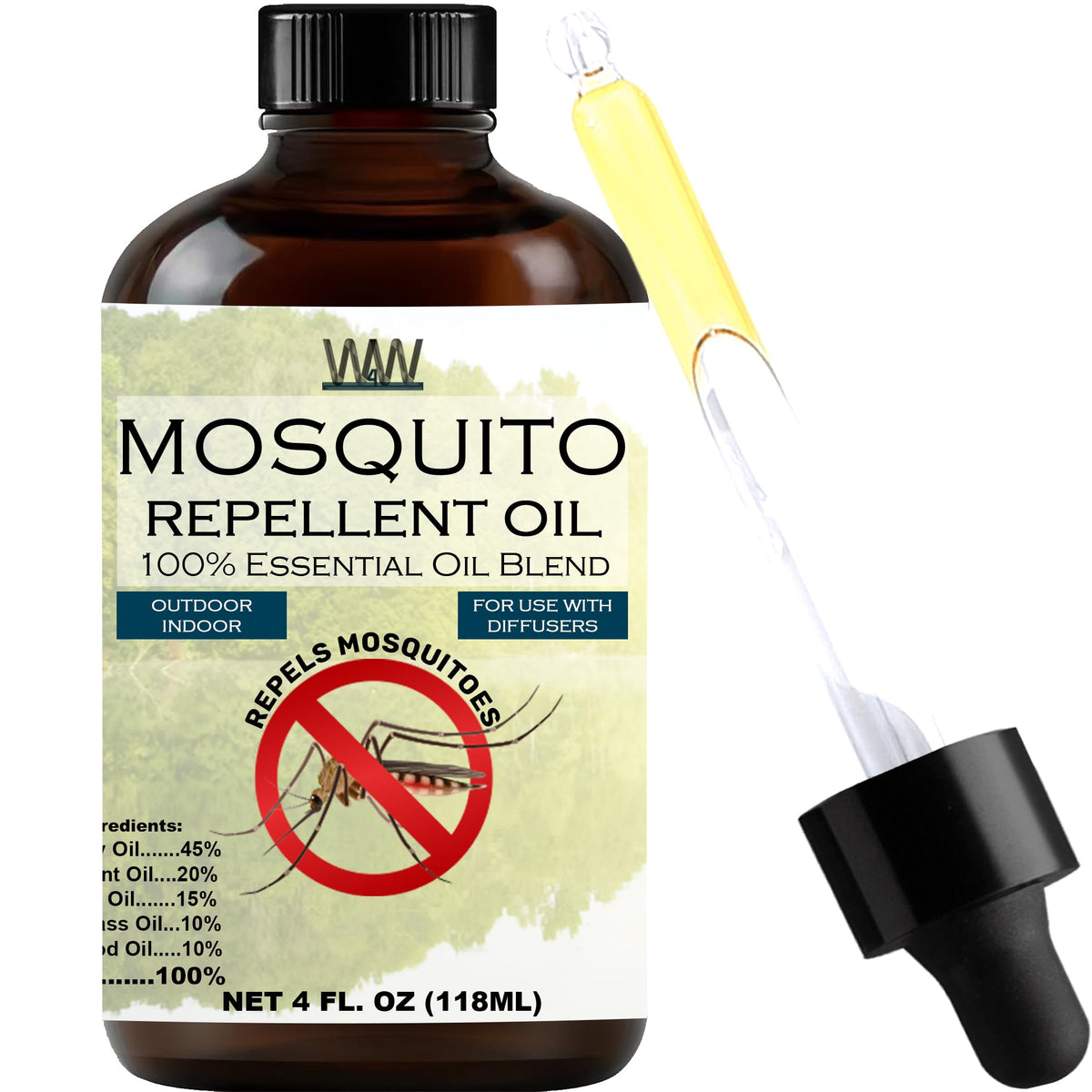 W4W botella frontal ámbar mostrando etiqueta, repeler insectos fácilmente