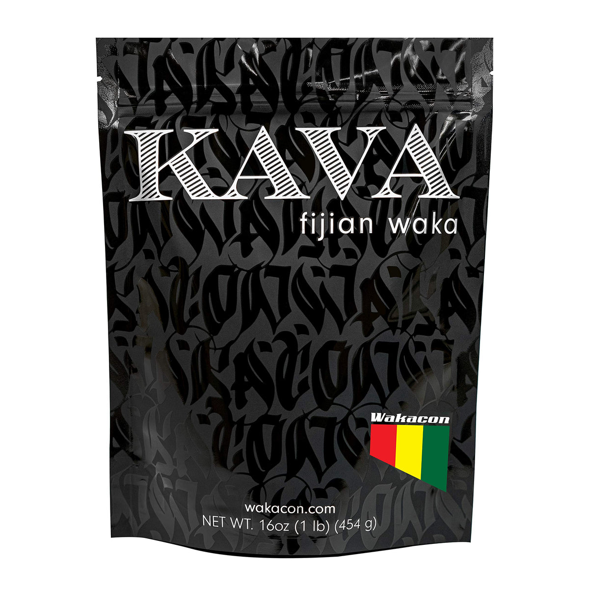 Wakacon envase frontal destacando kava noble y 16 oz, garantía de origen