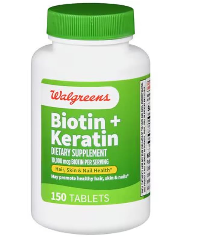 Walgreens frente del empaque mostrando biotina y queratina, información clara