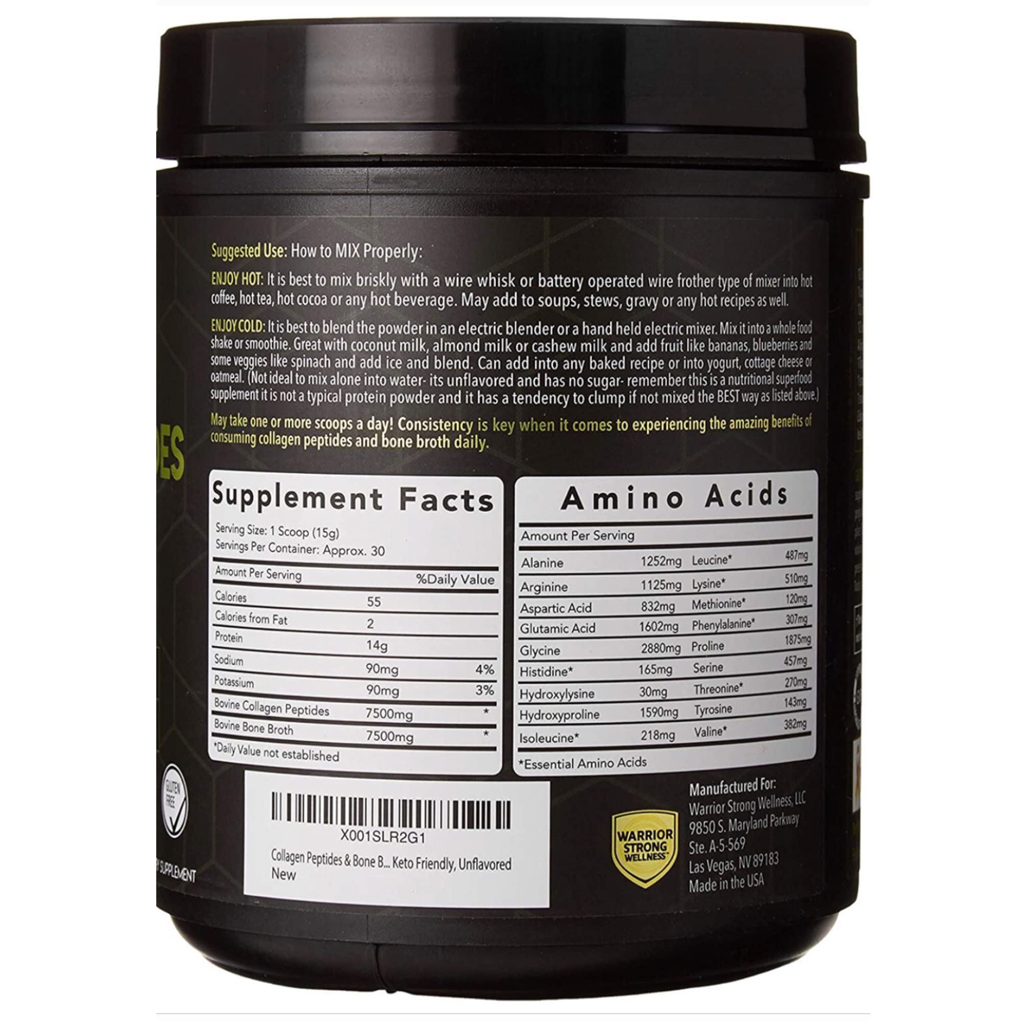 Warrior Strong Wellness detalle de cierre y etiqueta que muestra ingredientes limpios