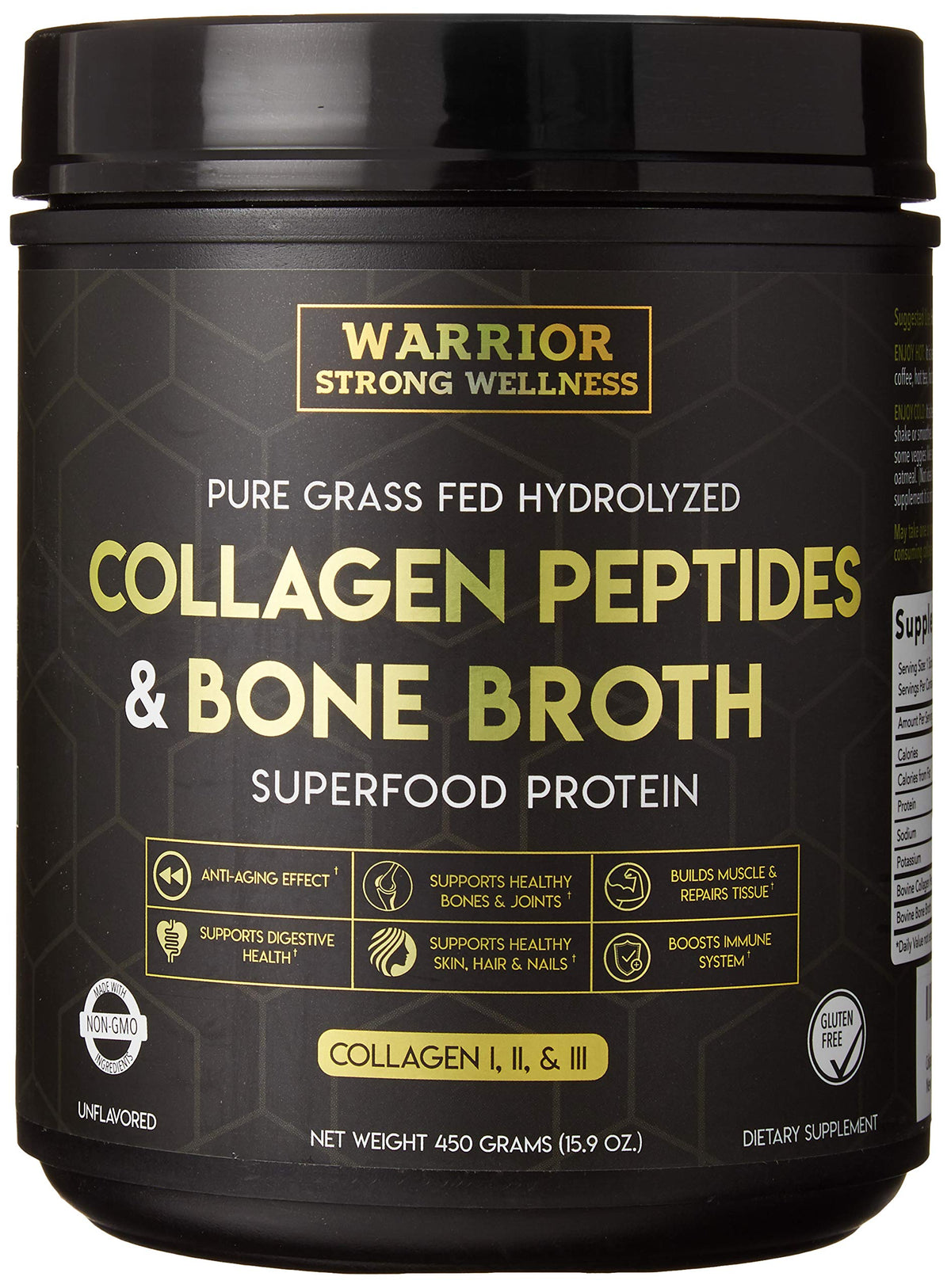 Warrior Strong Wellness empaque frontal que destaca colágeno sin sabor y beneficios