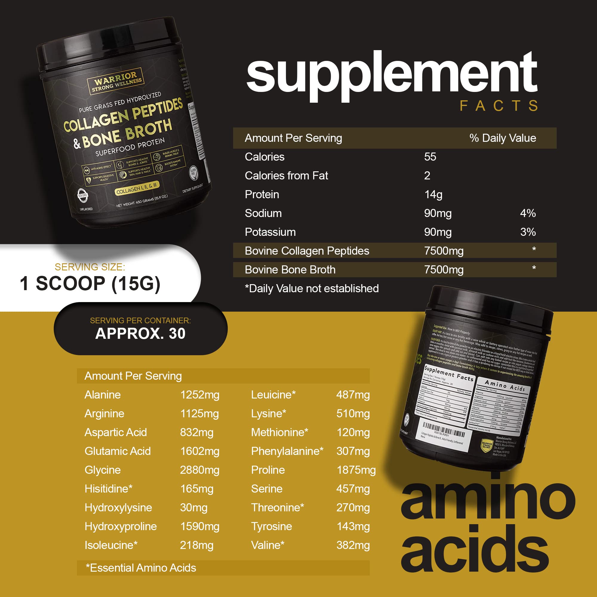 Warrior Strong Wellness etiqueta con instrucciones claras de uso y dosificación