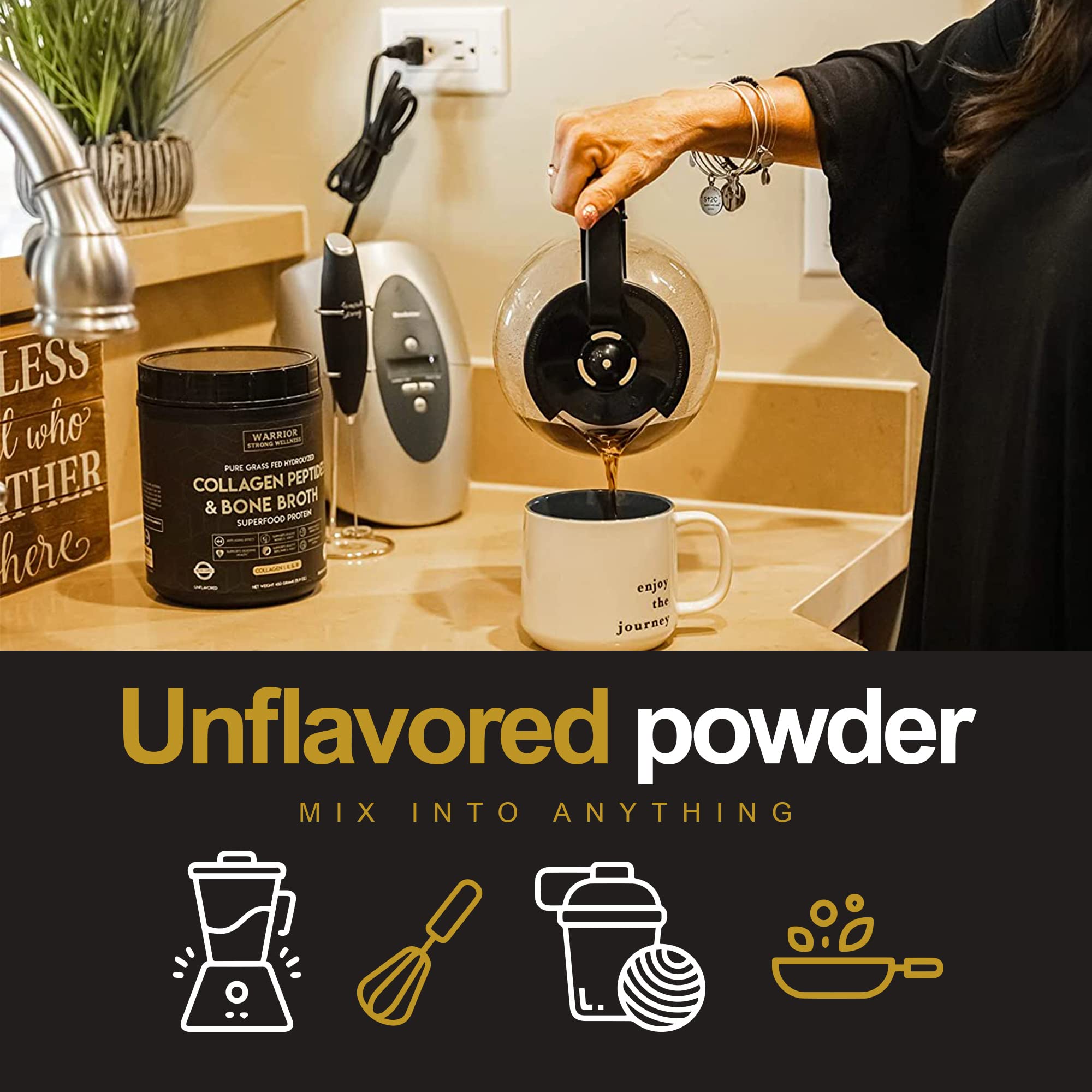 Warrior Strong Wellness polvo integrado en sopa caliente, sabor neutro y nutritivo