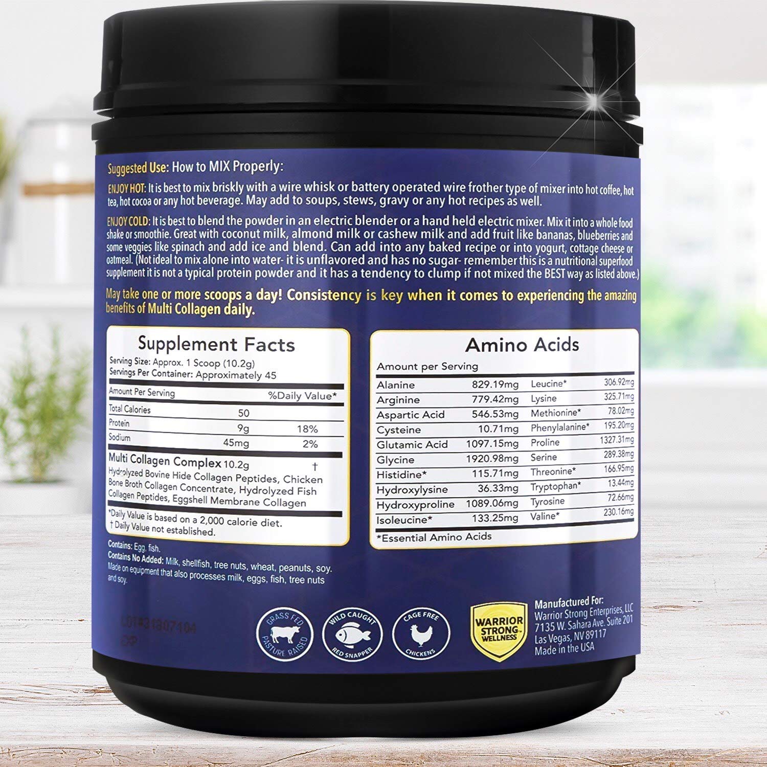 Warrior Strong Wellness textura de polvo hidrolizado visible y fina, facilita mezcla rápida en bebidas