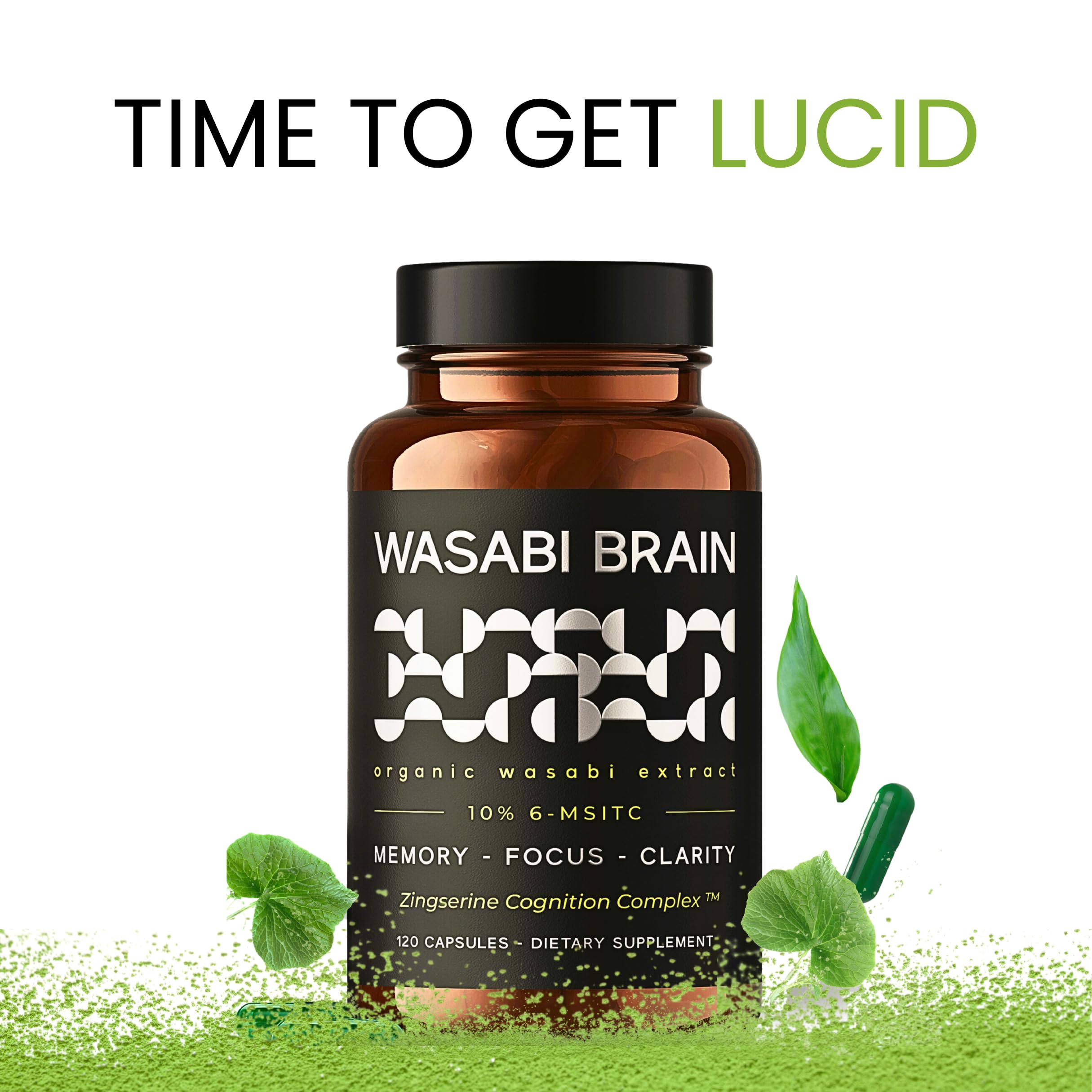 WASABI BRAIN raíces de jengibre y wasabi ilustrando origen natural y potencia