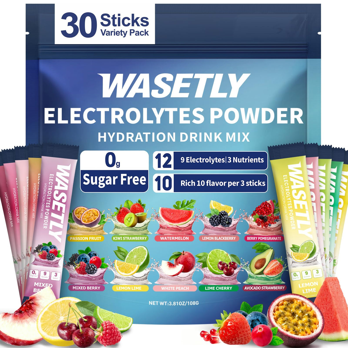 WASETLY frente del paquete mostrando variedad de sabores y beneficios