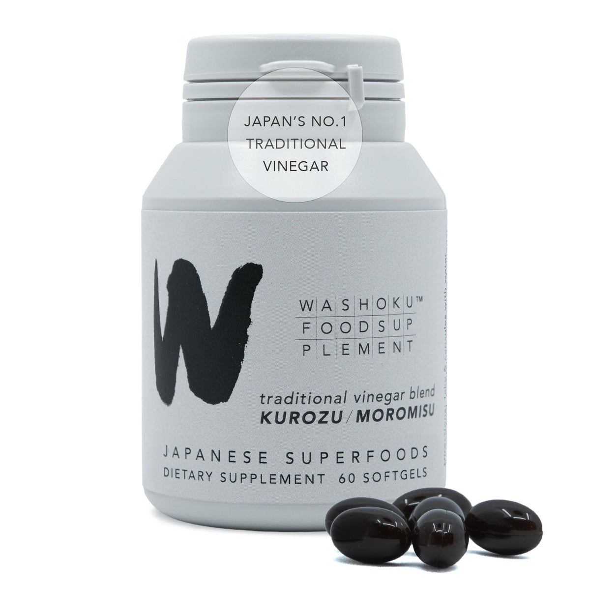 WASHOKU FOOD SUPPLEMENT frente del frasco mostrando etiqueta y dosis