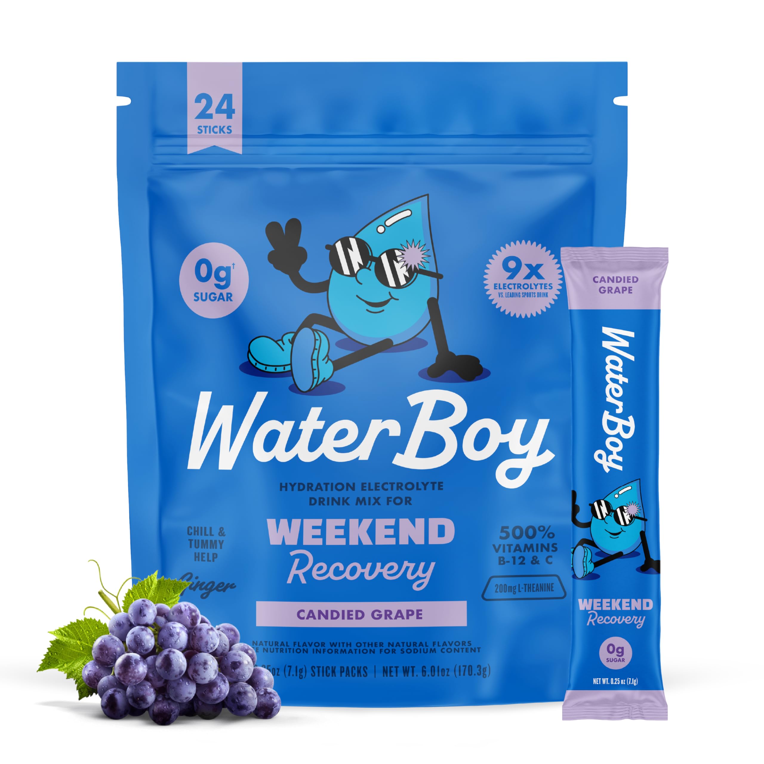 Waterboy empaque frontal uva mostrando caja y sobres, conveniencia portátil
