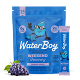 Waterboy empaque frontal uva mostrando caja y sobres, conveniencia portátil