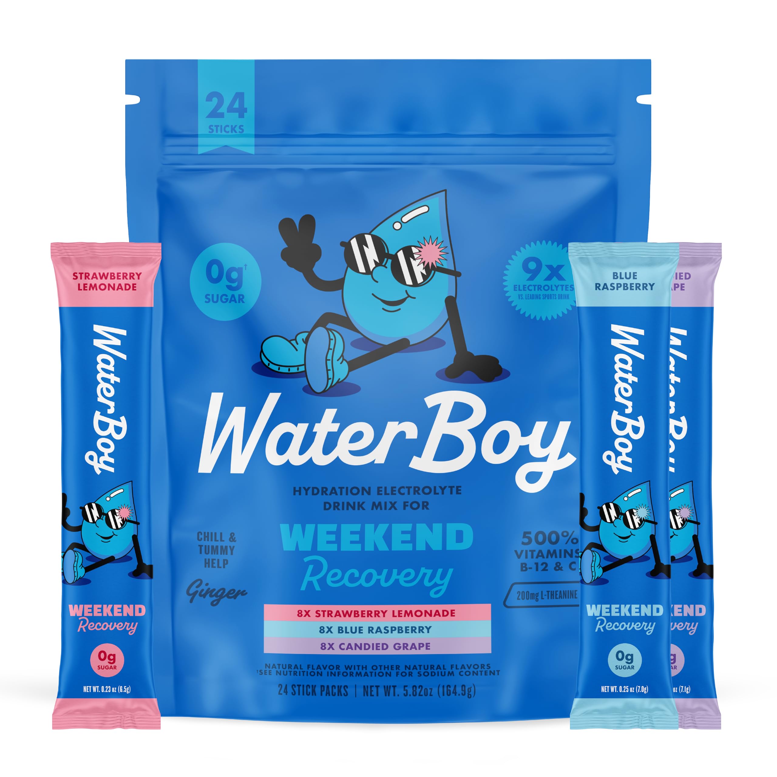 Waterboy frente del empaque mostrando el pack de 24 sobres y conveniencia