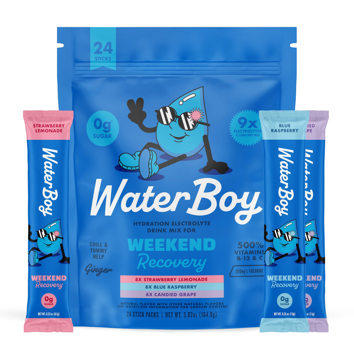 Waterboy frente del empaque mostrando el pack de 24 sobres y conveniencia