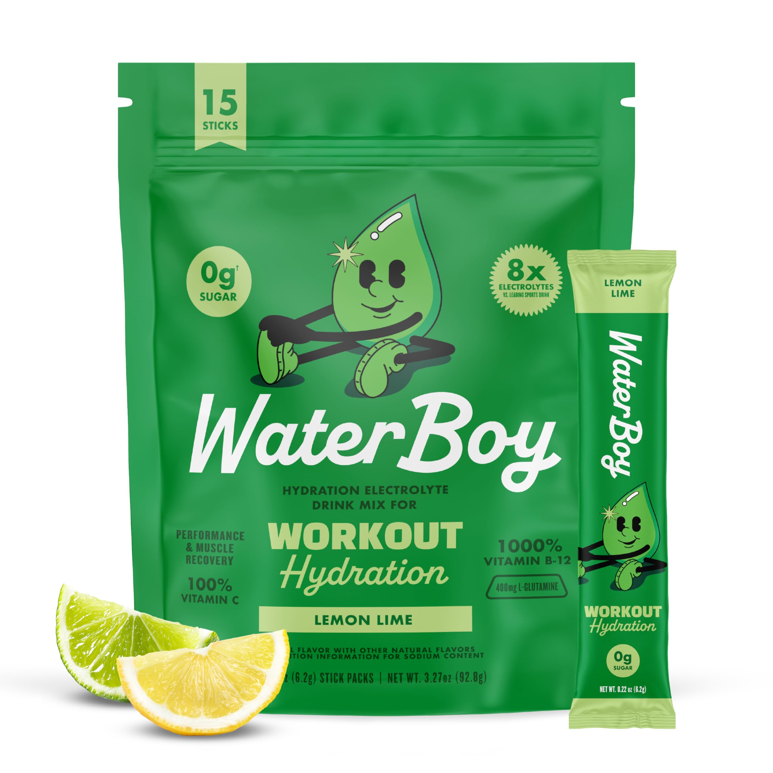 Waterboy frente del empaque mostrando 15 sobres útil para almacenamiento