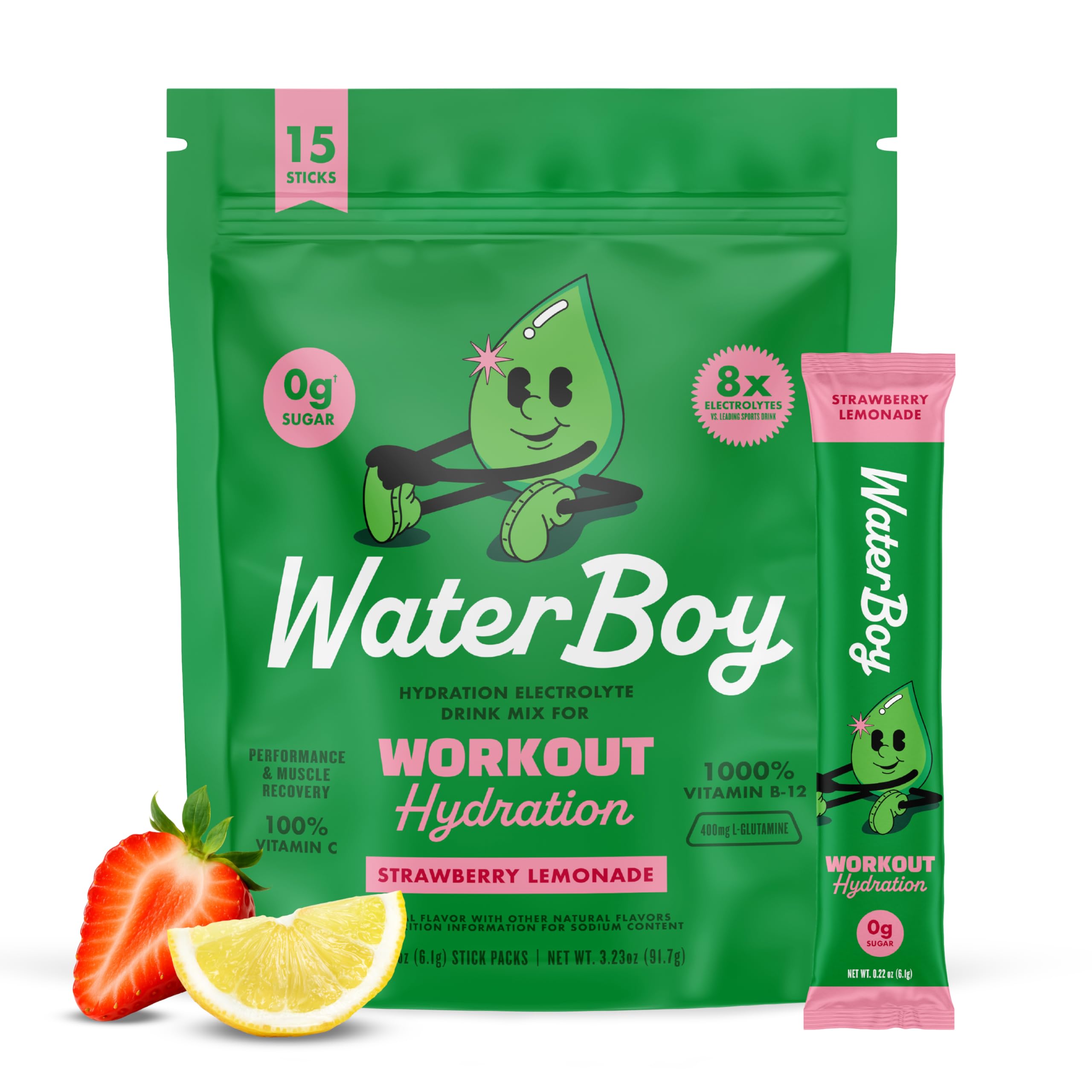 Waterboy frente del empaque muestra sobres individuales y conveniencia