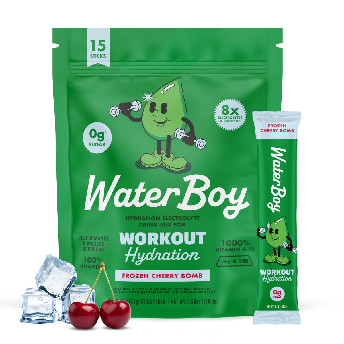 Waterboy frente del empaque mostrando 15 sobres y beneficios en etiqueta