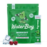 Waterboy frente del empaque mostrando 15 sobres y beneficios en etiqueta