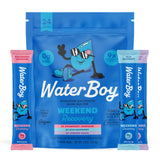 Waterboy frente del empaque mostrando el pack de 24 sobres y conveniencia