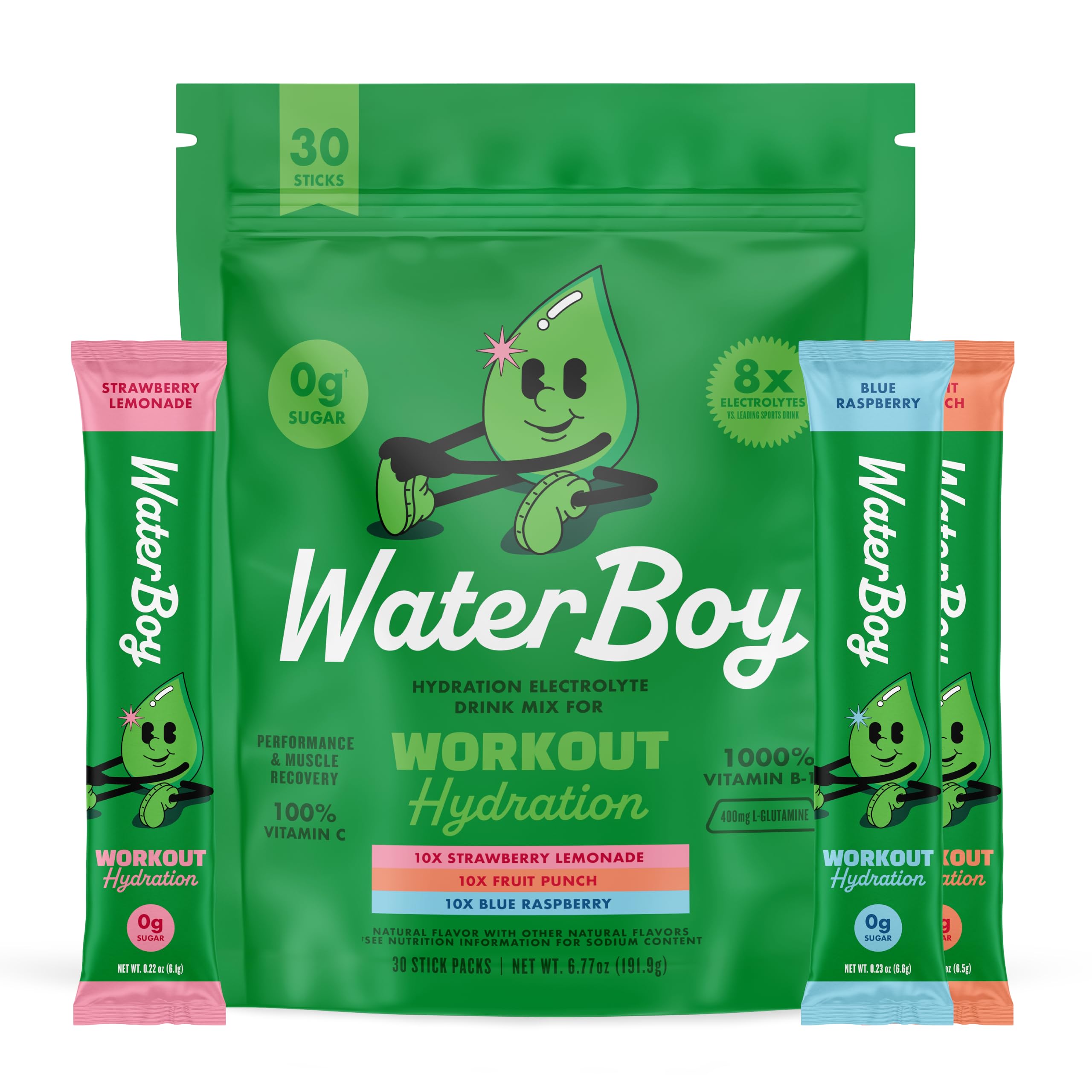 Waterboy frente del empaque mostrando 30 sobres y promesa de electrolitos