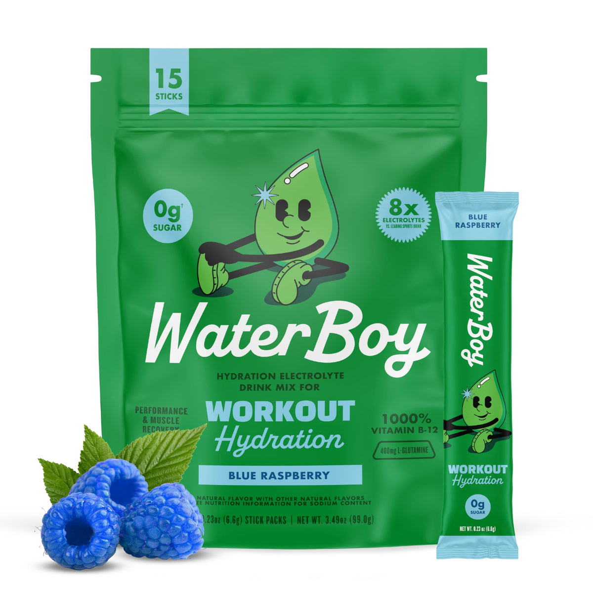 Waterboy frente del paquete mostrando 15 sobres y beneficio práctico