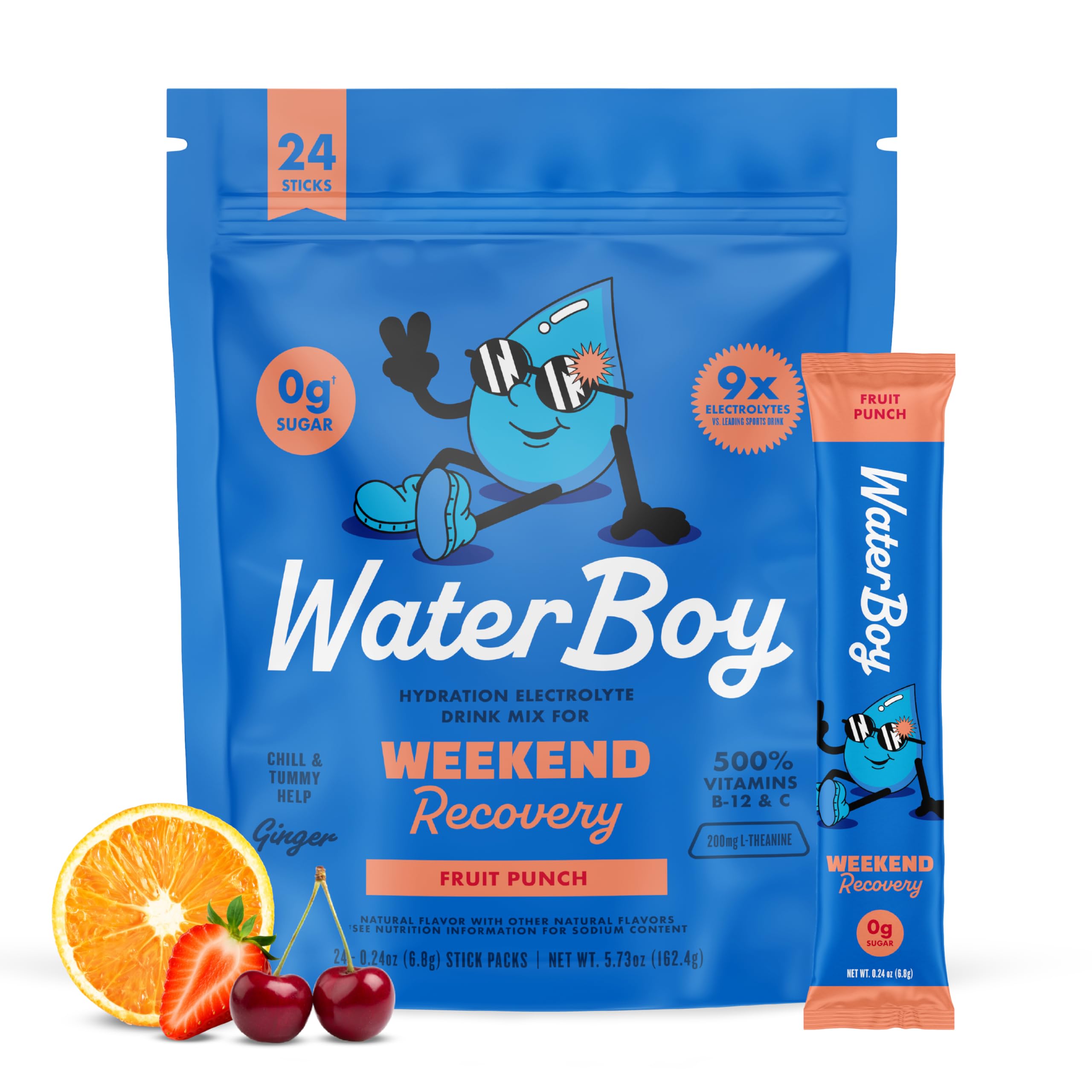 Waterboy empaque frontal Fruit Punch mostrando 24 sobres, fácil transporte y conveniencia