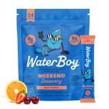 Waterboy empaque frontal Fruit Punch mostrando 24 sobres, fácil transporte y conveniencia