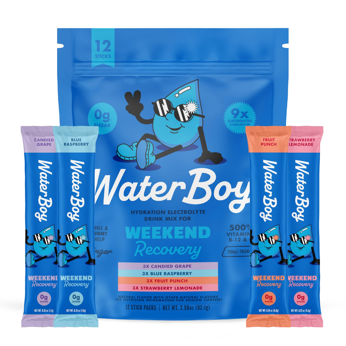 Waterboy paquete frontal mostrando 12 sobres y variedad de sabores, práctico y portátil