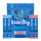 Waterboy paquete frontal mostrando 12 sobres y variedad de sabores, práctico y portátil