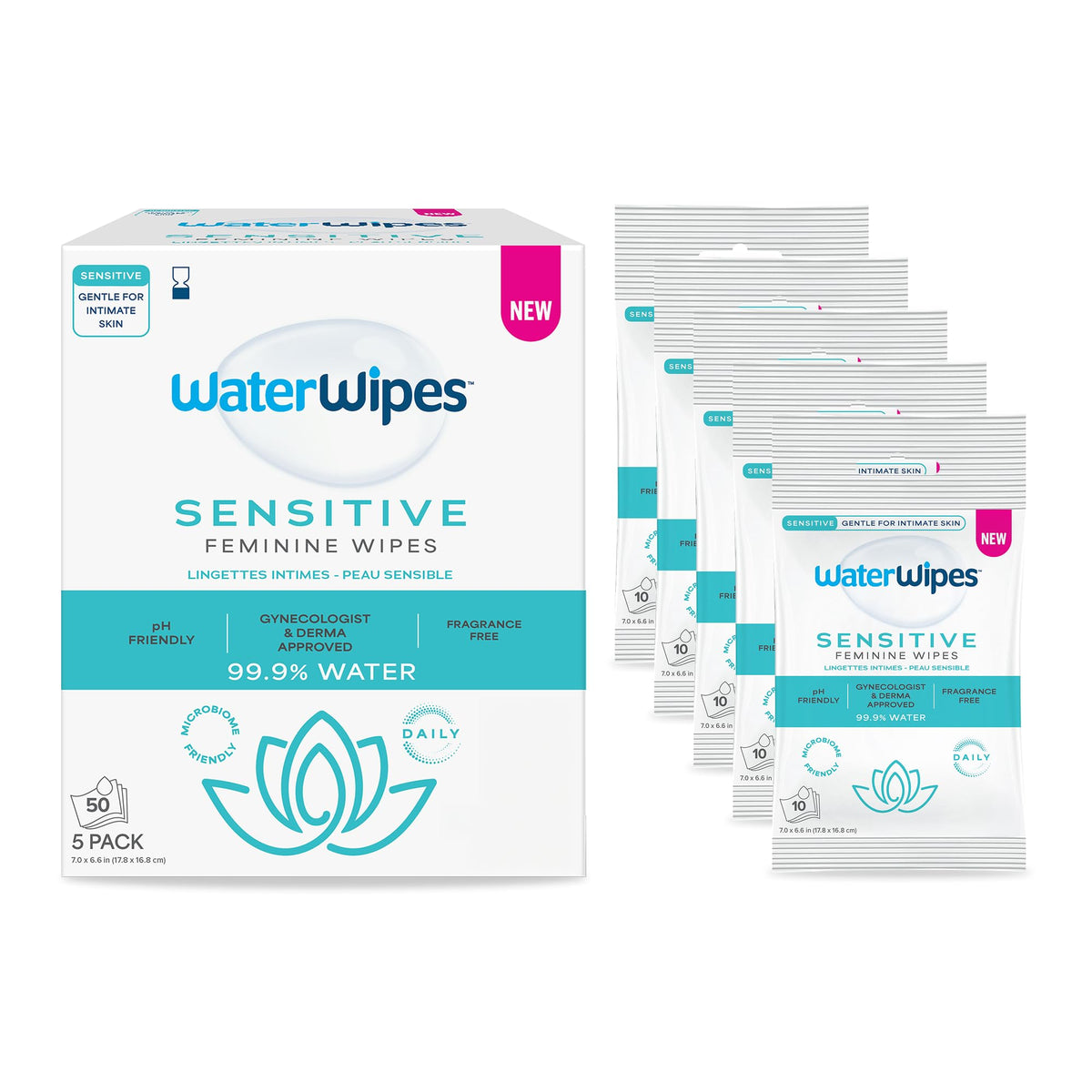 WaterWipes frente del empaque mostrando packs y beneficio higiene segura