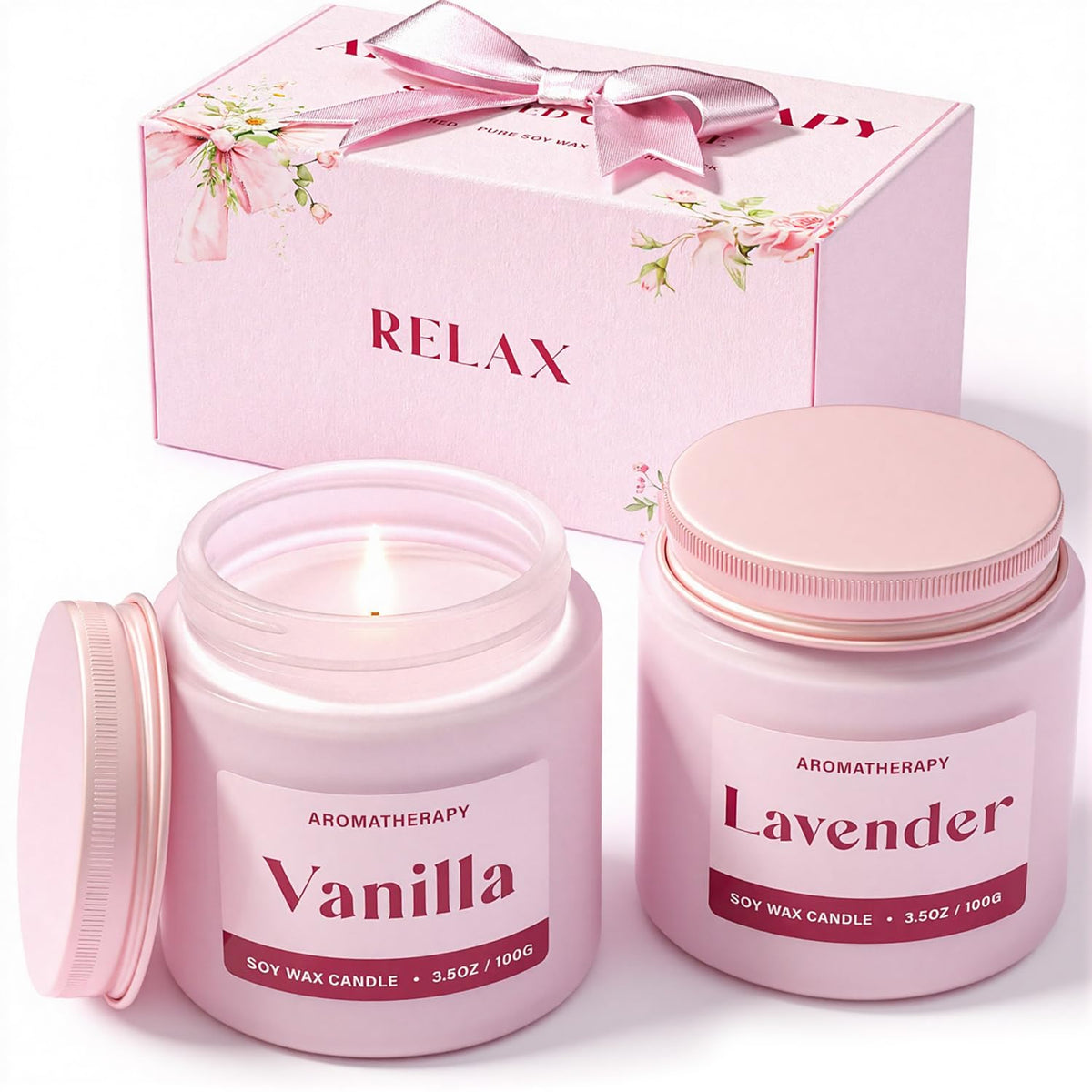 Waxcanpy tarros frontales mostrando diseño rosa y fragancias, aporta elegancia decorativa
