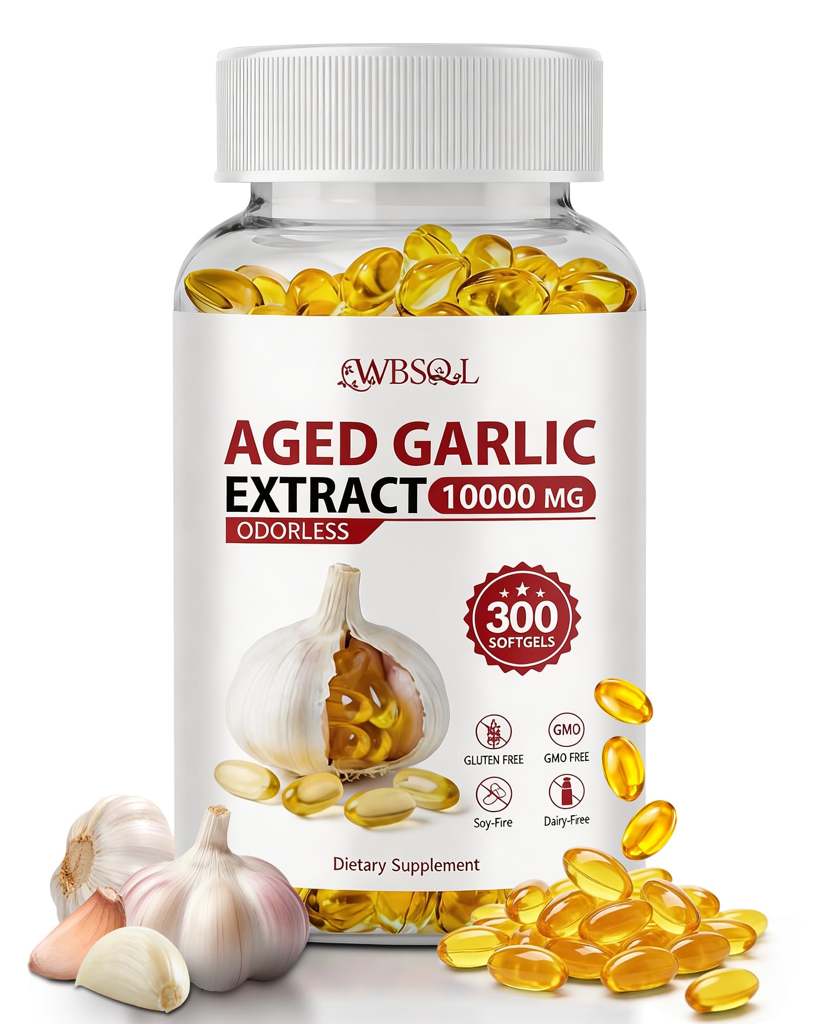 WBSQL envase frontal de 300 softgels sin olor mostrando beneficios