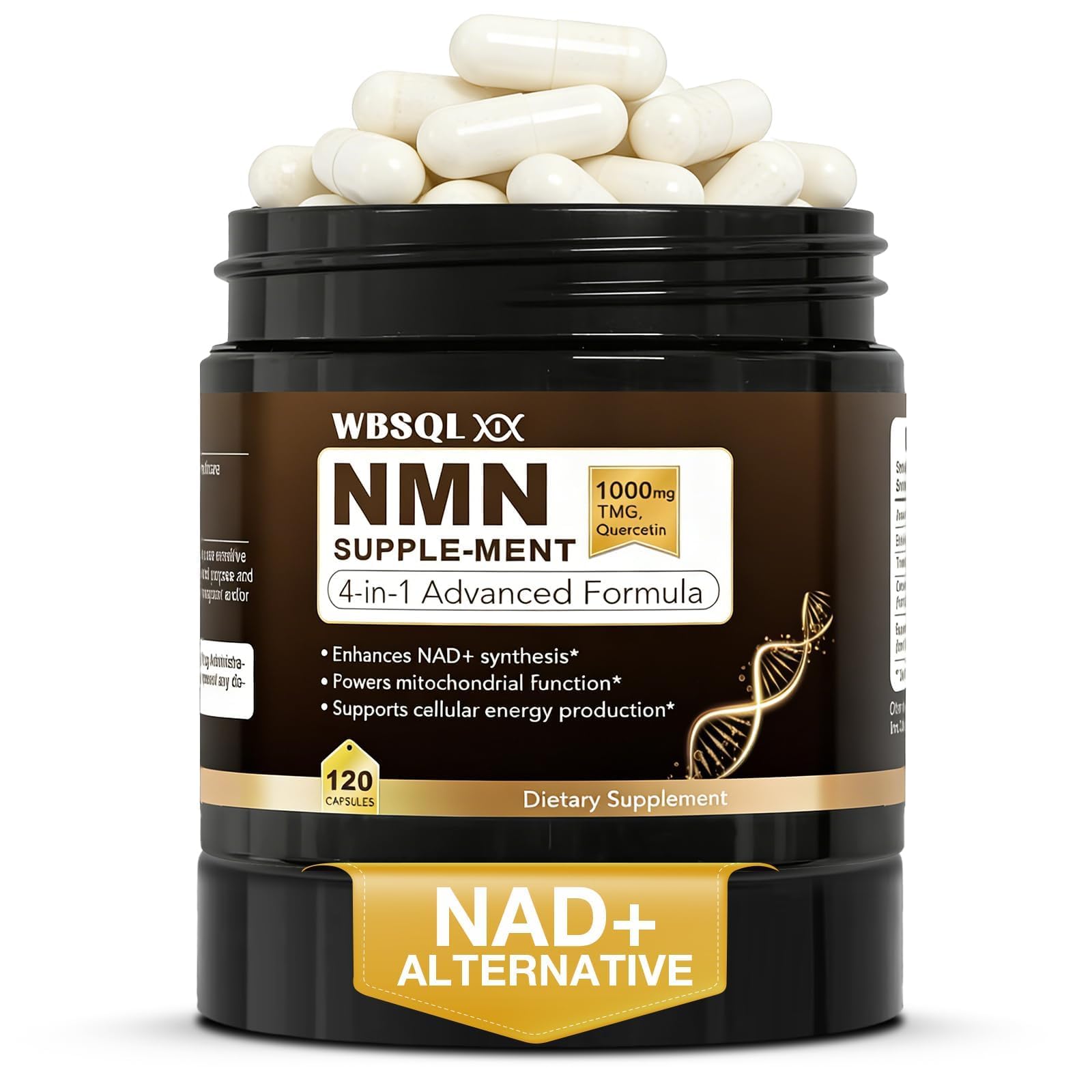 WBSQL frasco frontal NMN 1000mg mostrando etiquetado y beneficío de vitalidad