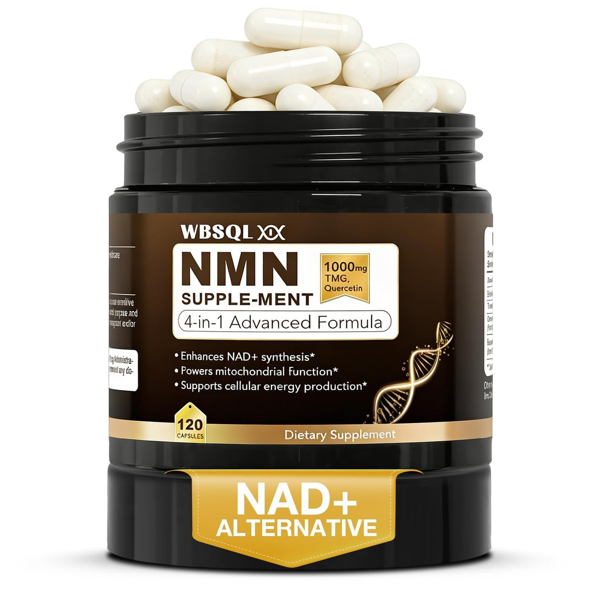 WBSQL frasco frontal NMN 1000mg mostrando etiquetado y beneficío de vitalidad
