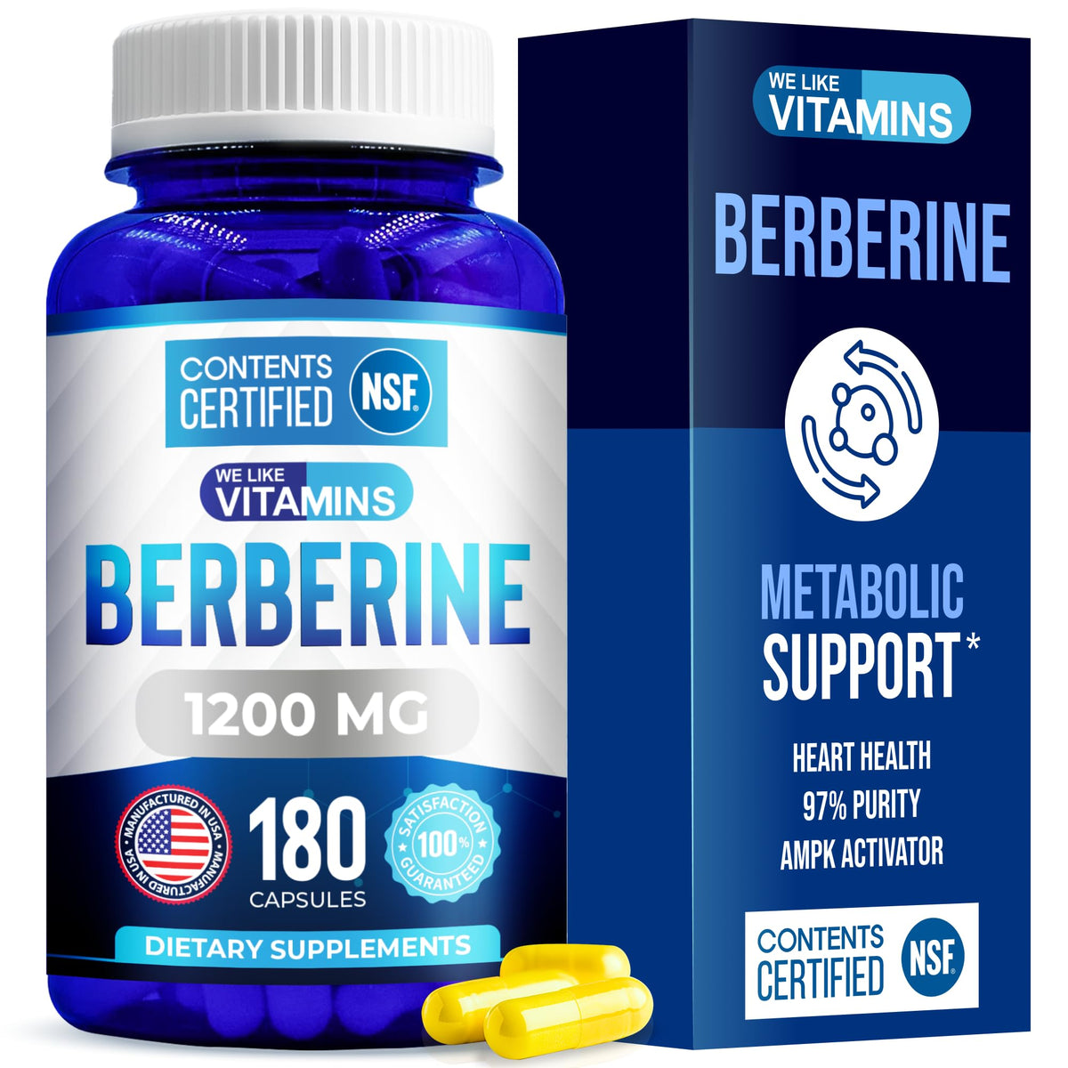 We Like Vitamins envase frontal mostrando berberina HCL y ventaja de pureza