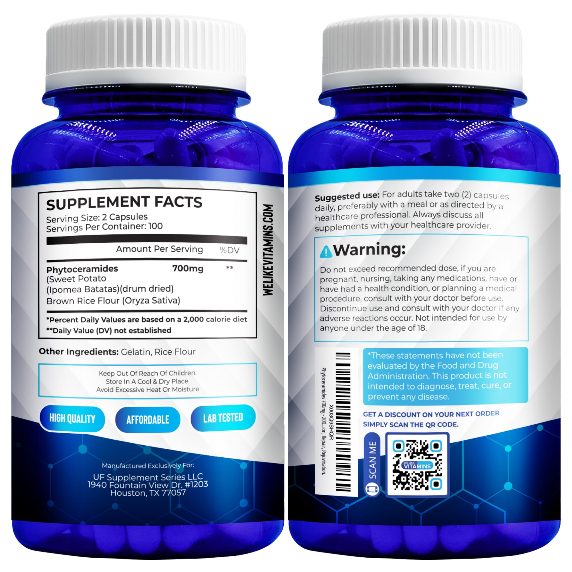 We Like Vitamins frasco con hojas, transmite enfoque vegetal y natural