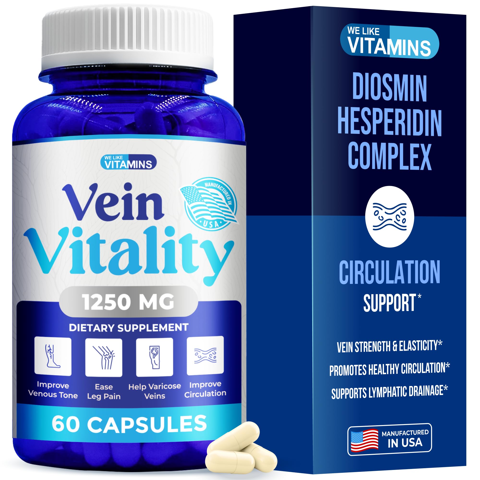 We Like Vitamins frasco Vein Vitality mostrando diseño y cantidad de cápsulas, refuerza confianza