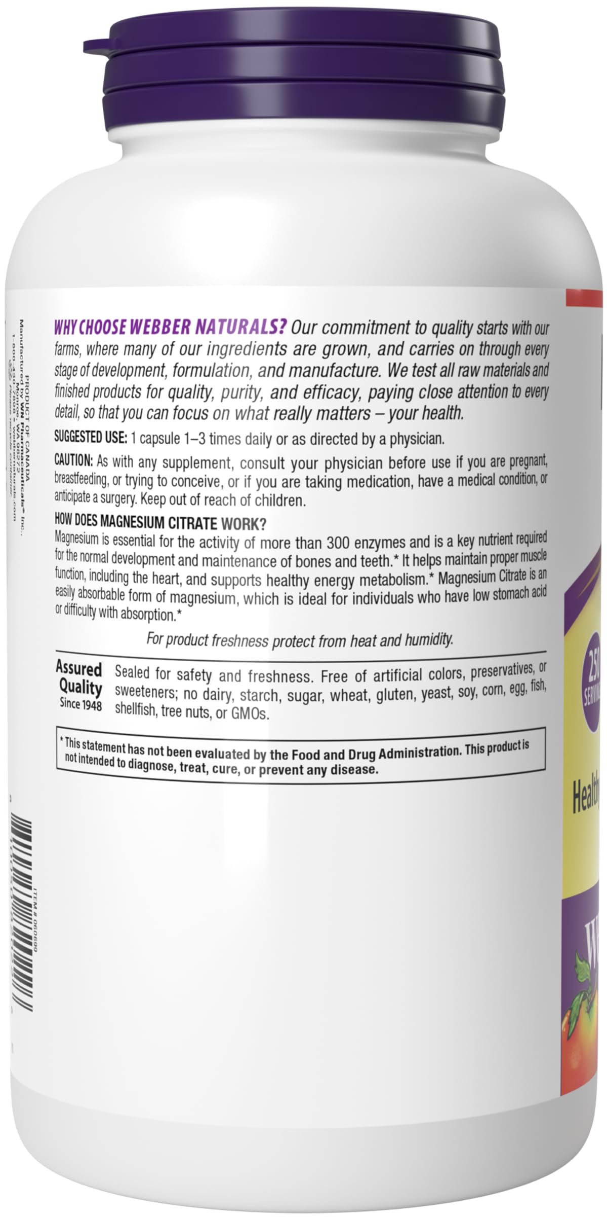 Webber Naturals empaque lateral mostrando sellos de calidad y libre de alérgenos