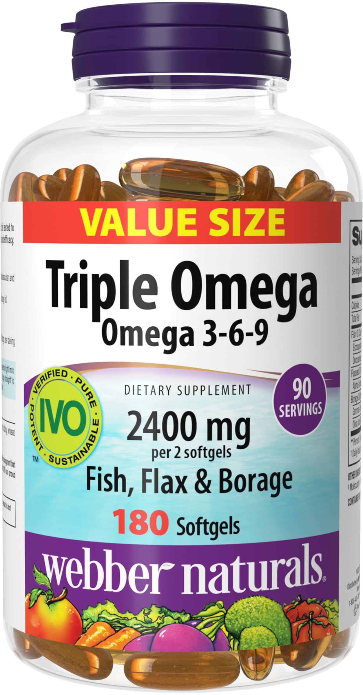 Webber Naturals frasco frontal mostrando 180 softgels y beneficio de suministro prolongado
