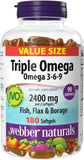 Webber Naturals frasco frontal mostrando 180 softgels y beneficio de suministro prolongado