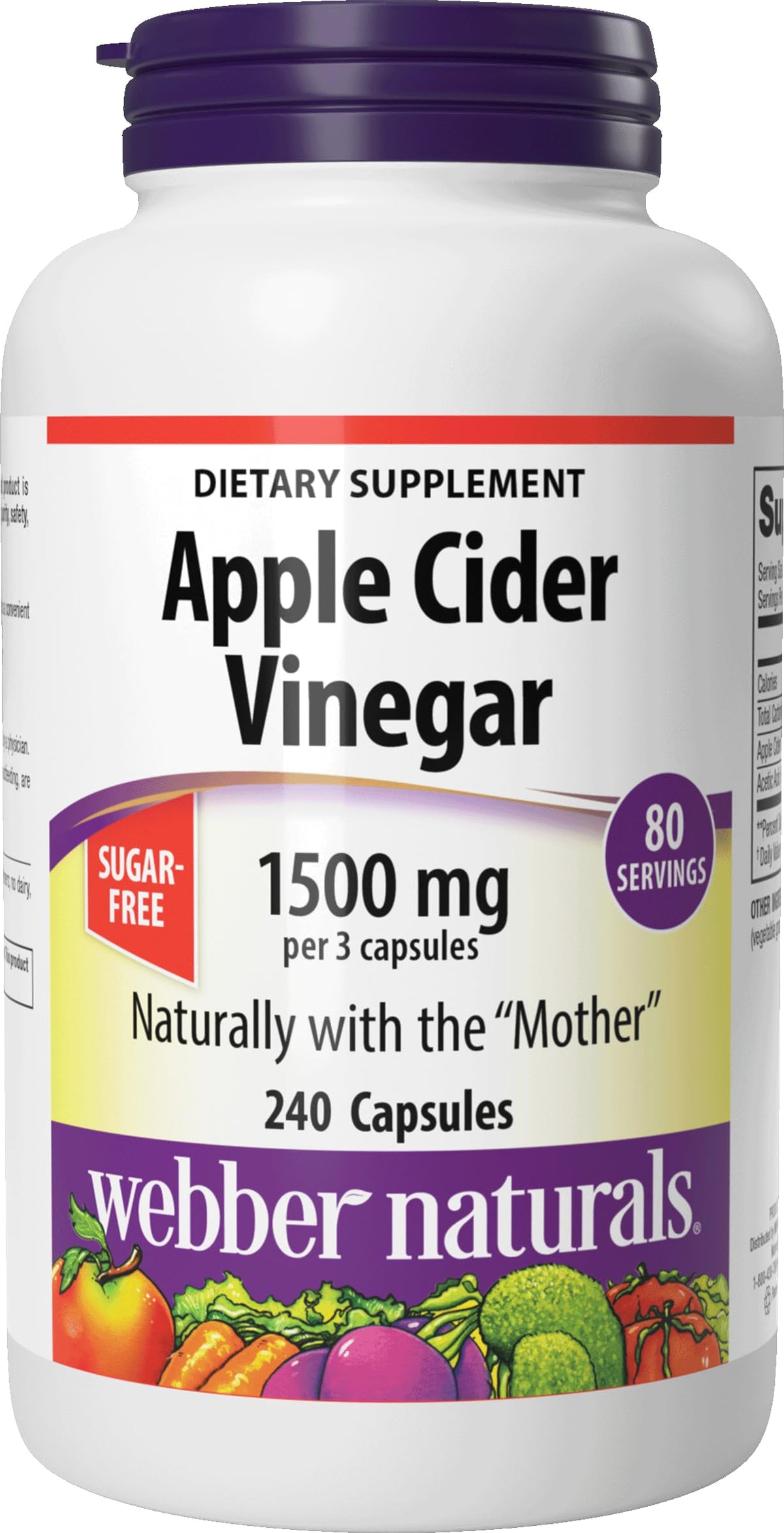 Webber Naturals frasco frontal que muestra vinagre de manzana en cápsulas, presentación clara