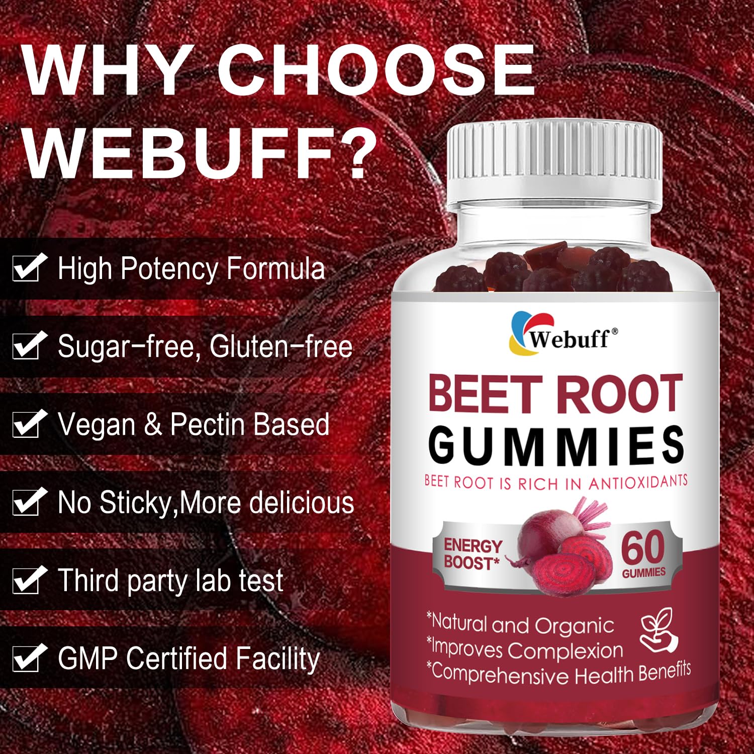 Webuff gomitas etiqueta nutricional detalle informando ingredientes y sin azúcares