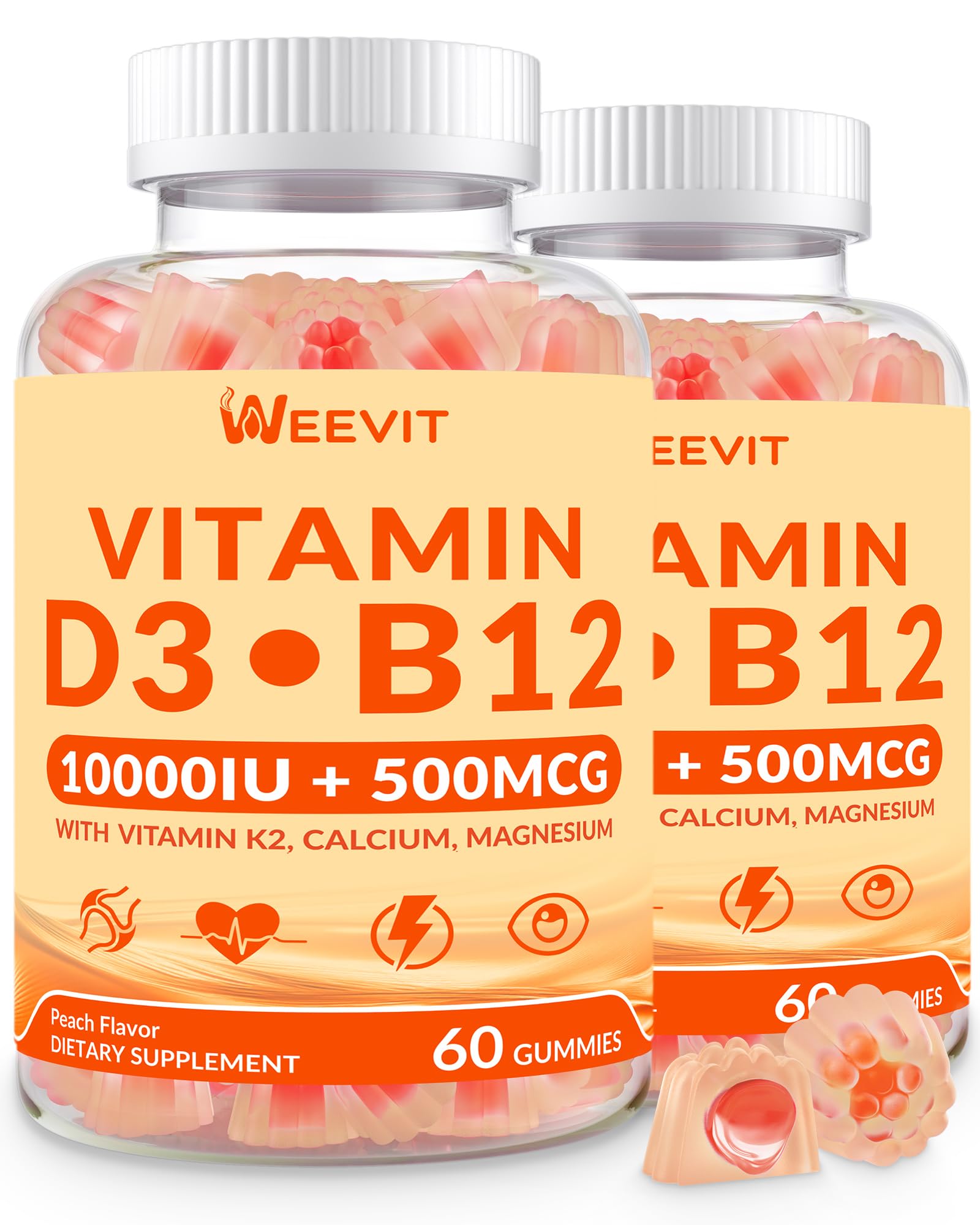 WEEVIT envase frontal mostrando dosis y formato masticable, beneficio conveniencia