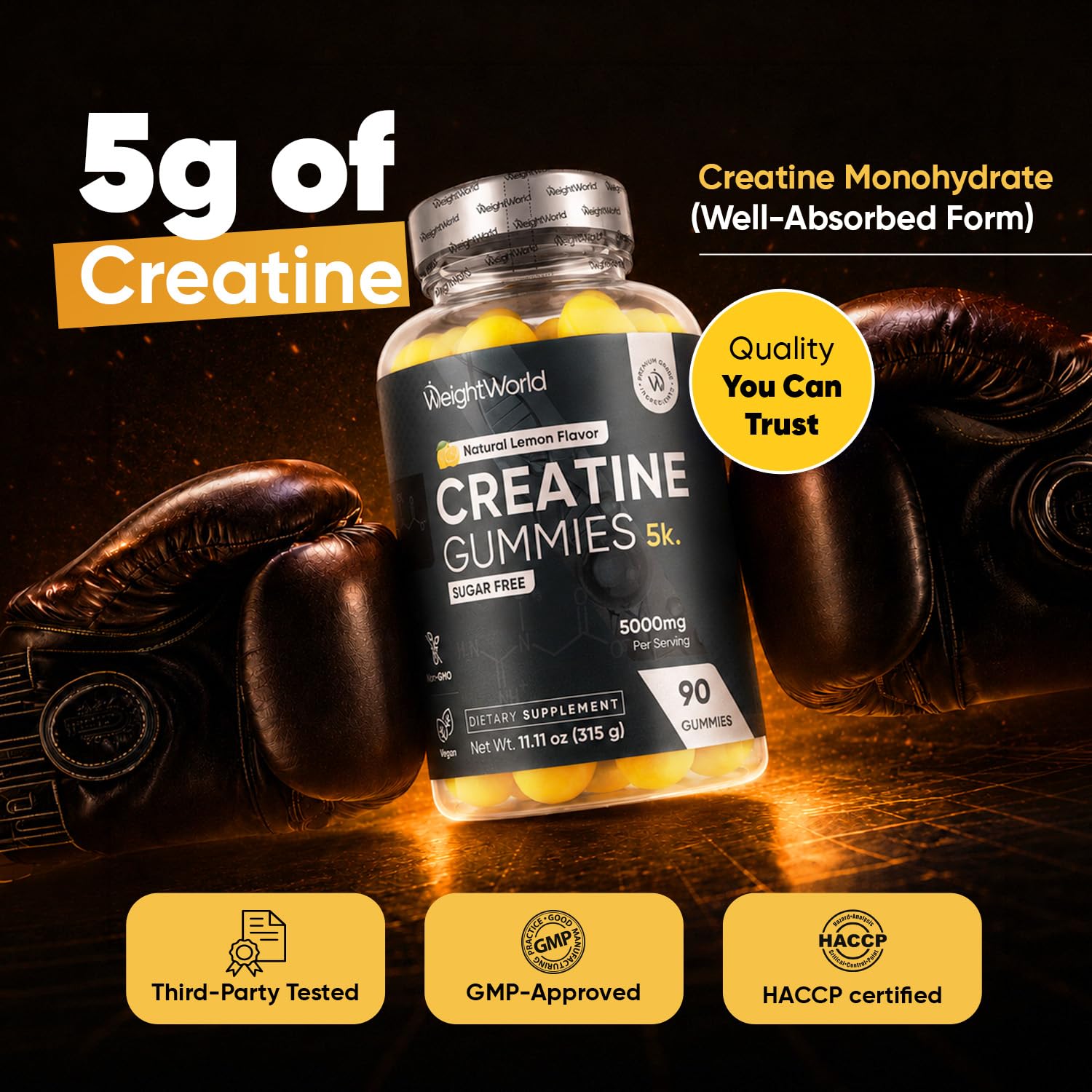 WeightWorld gomitas creatina bote abierto mostrando gomitas fáciles de llevar
