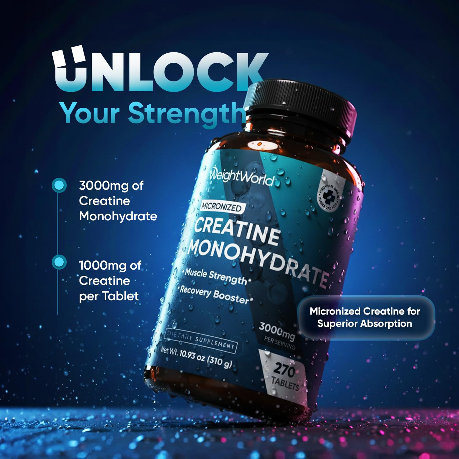 WeightWorld primer plano de tabletas micronizadas, textura fina beneficiosa