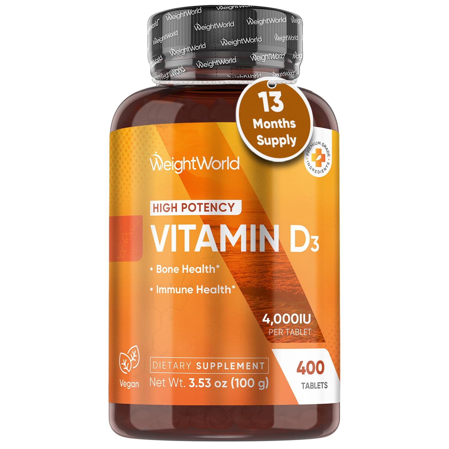 WeightWorld frasco frontal mostrando 400 comprimidos y beneficio duración