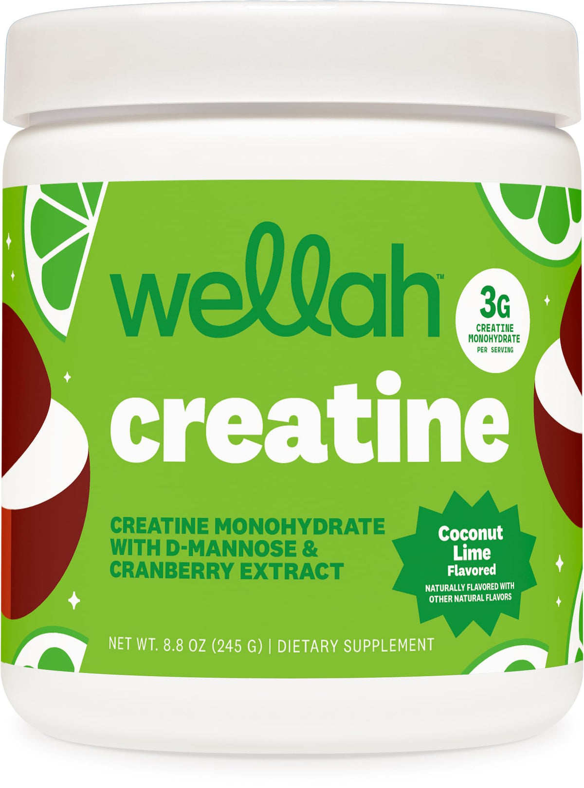 Wellah Creatine for Women vista frontal del envase con sabor coco lima y conveniencia