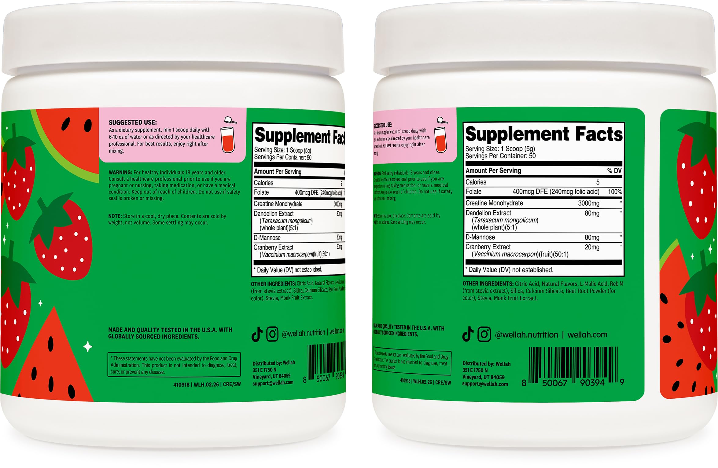 Wellah creatine detalle de la etiqueta con ingredientes y dosis visibles