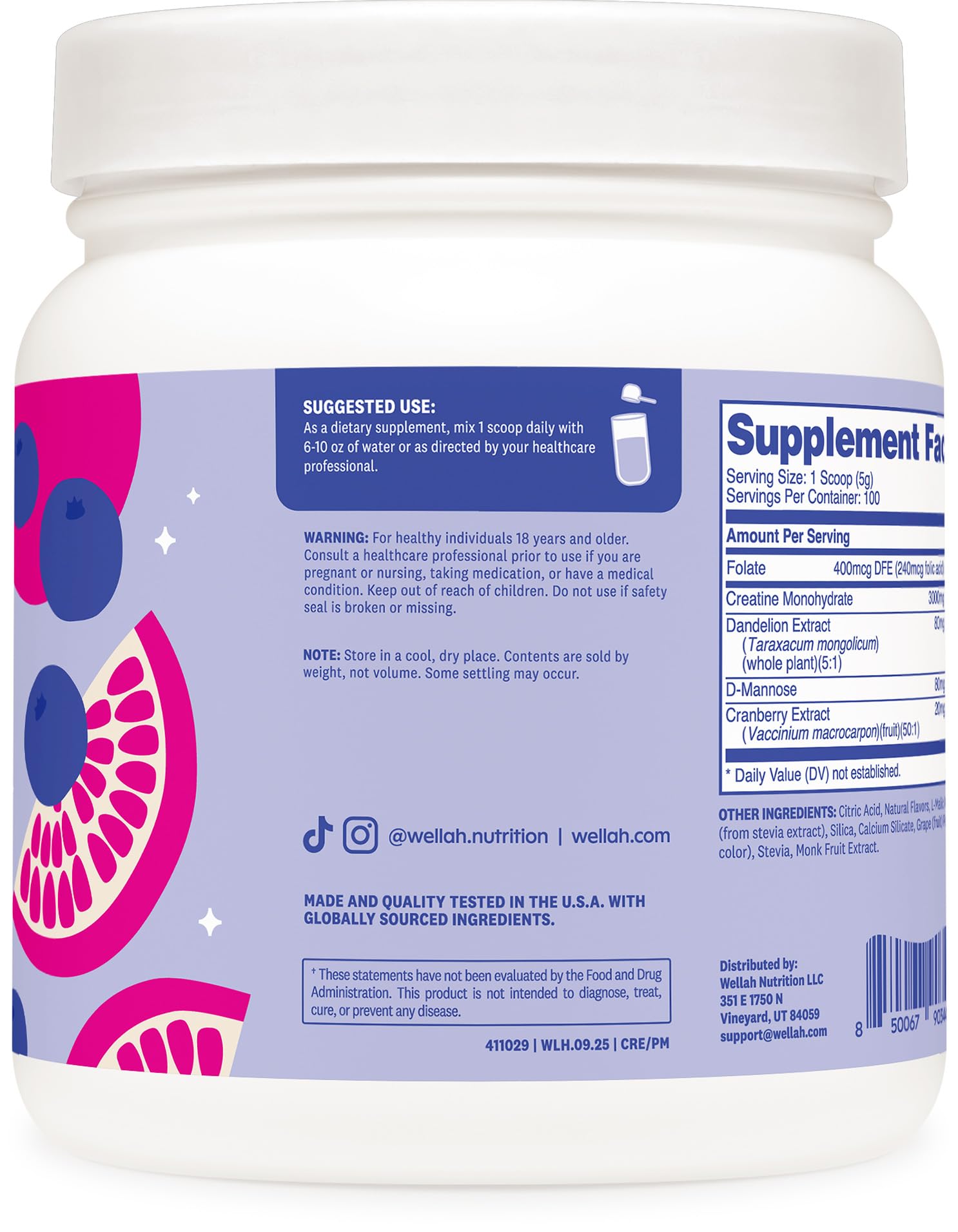 Wellah creatine polvo mezclado en vaso listo para beber, sabor arándano-granada