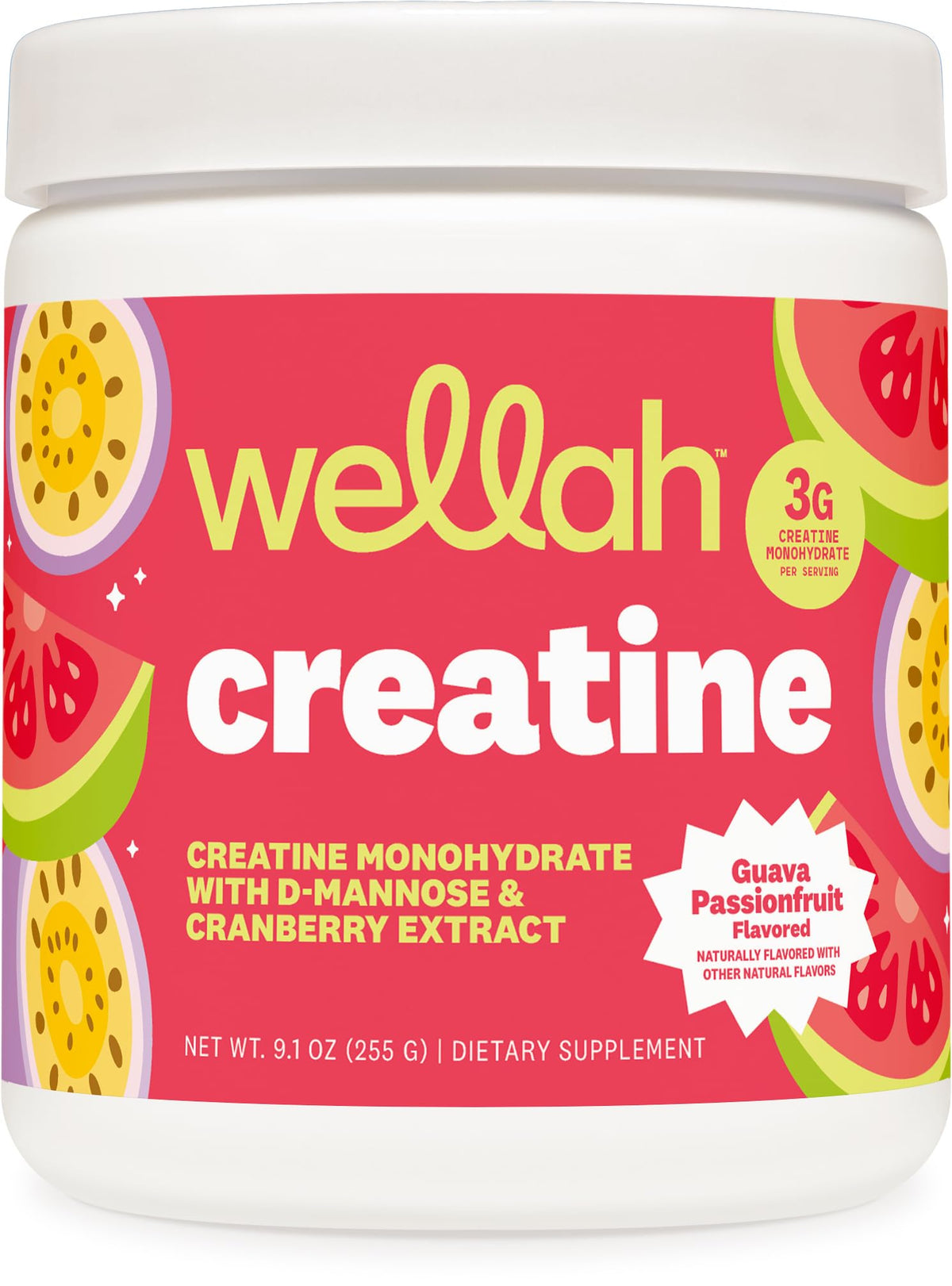 Wellah creatine frente del envase con sabor guava passionfruit y fácil identificación