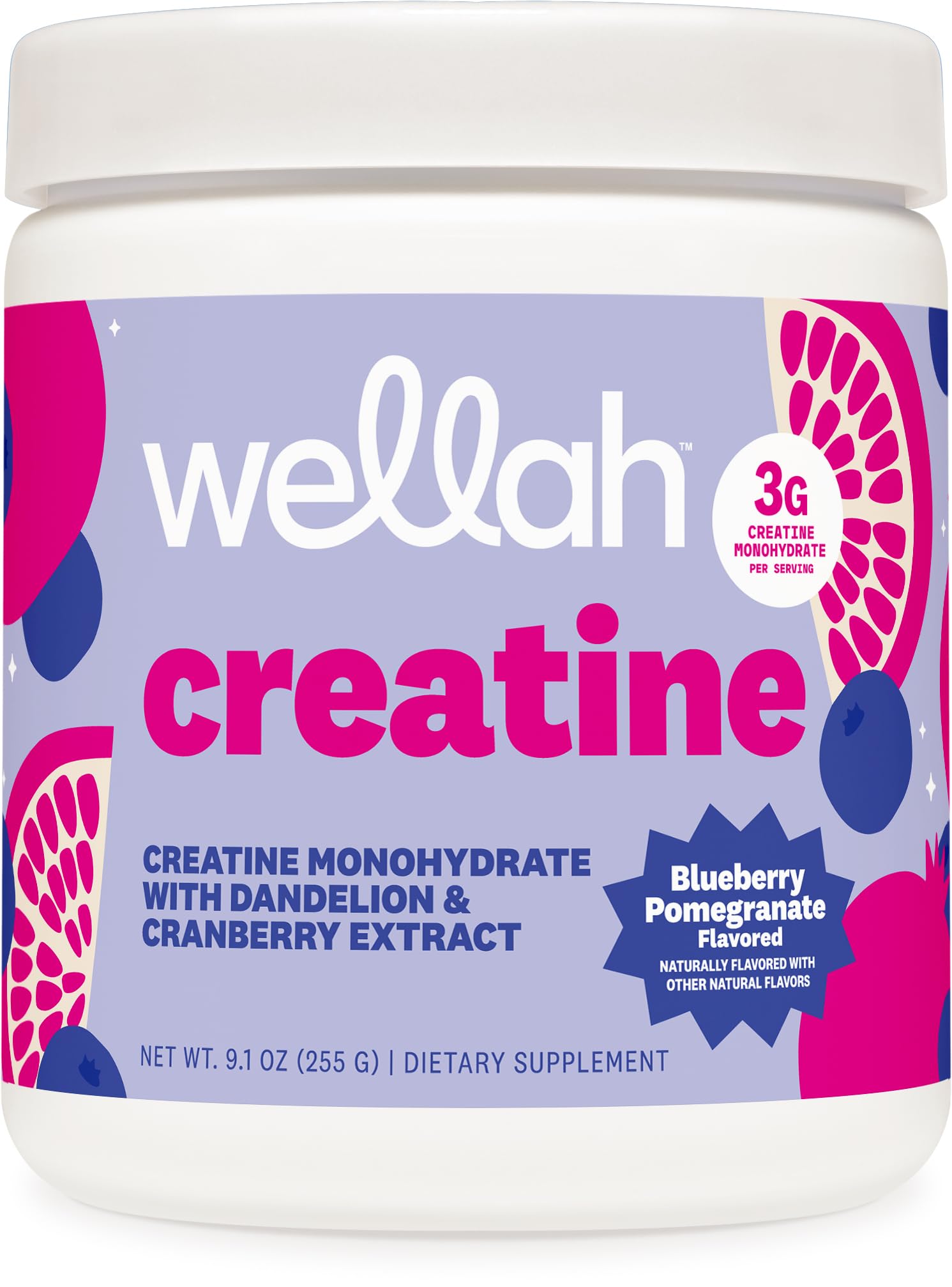 Wellah creatine frontal del envase que muestra sabor y 50 servicios, fácil identificación